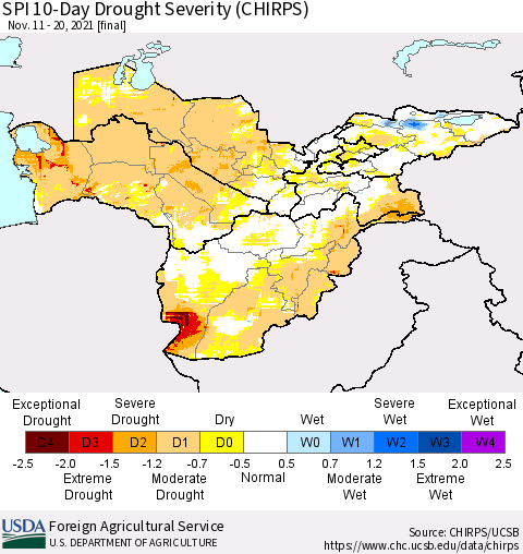 Central Asia SPI 10-Day Drought Severity (CHIRPS) Thematic Map For 11/11/2021 - 11/20/2021