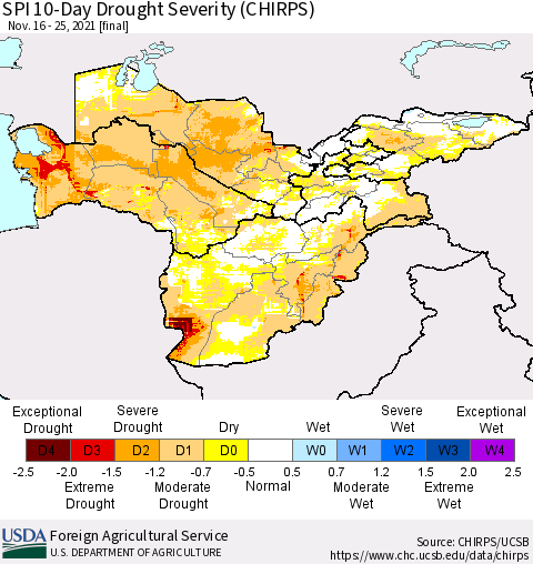 Central Asia SPI 10-Day Drought Severity (CHIRPS) Thematic Map For 11/16/2021 - 11/25/2021