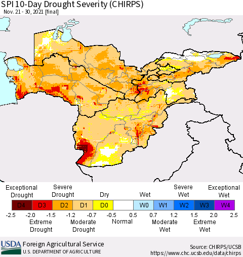 Central Asia SPI 10-Day Drought Severity (CHIRPS) Thematic Map For 11/21/2021 - 11/30/2021