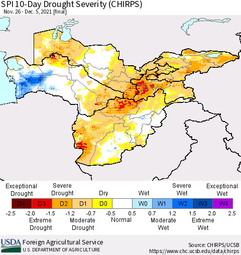 Central Asia SPI 10-Day Drought Severity (CHIRPS) Thematic Map For 11/26/2021 - 12/5/2021