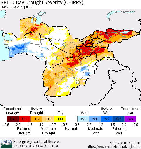 Central Asia SPI 10-Day Drought Severity (CHIRPS) Thematic Map For 12/1/2021 - 12/10/2021