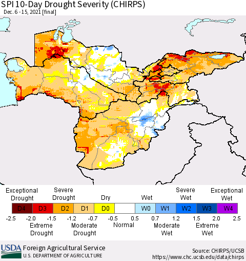 Central Asia SPI 10-Day Drought Severity (CHIRPS) Thematic Map For 12/6/2021 - 12/15/2021