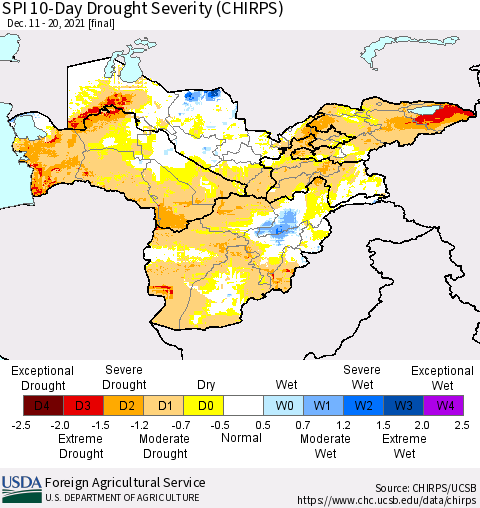 Central Asia SPI 10-Day Drought Severity (CHIRPS) Thematic Map For 12/11/2021 - 12/20/2021