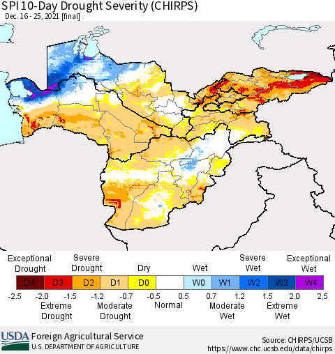 Central Asia SPI 10-Day Drought Severity (CHIRPS) Thematic Map For 12/16/2021 - 12/25/2021