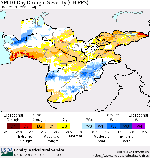 Central Asia SPI 10-Day Drought Severity (CHIRPS) Thematic Map For 12/21/2021 - 12/31/2021