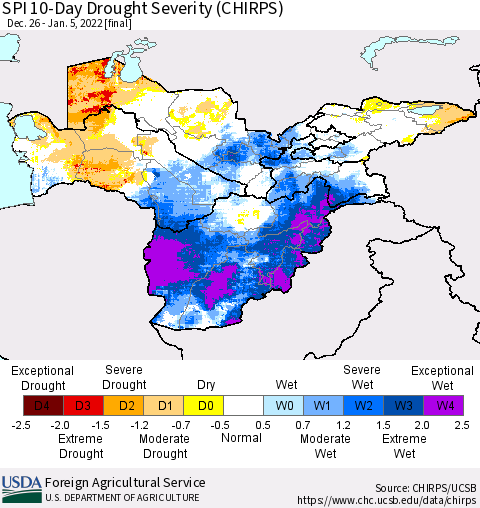 Central Asia SPI 10-Day Drought Severity (CHIRPS) Thematic Map For 12/26/2021 - 1/5/2022