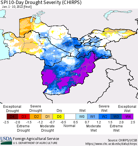 Central Asia SPI 10-Day Drought Severity (CHIRPS) Thematic Map For 1/1/2022 - 1/10/2022