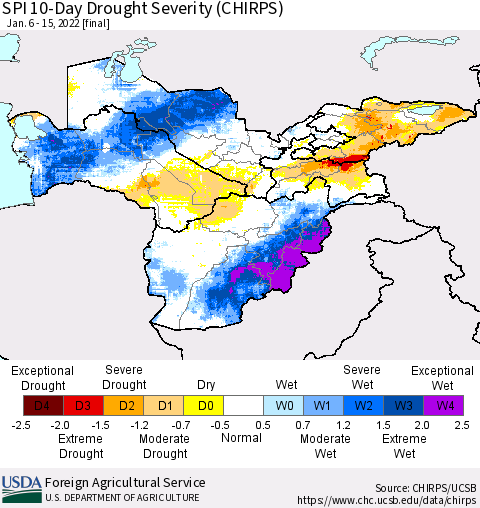 Central Asia SPI 10-Day Drought Severity (CHIRPS) Thematic Map For 1/6/2022 - 1/15/2022