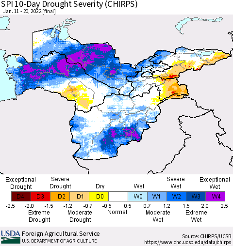 Central Asia SPI 10-Day Drought Severity (CHIRPS) Thematic Map For 1/11/2022 - 1/20/2022