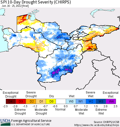 Central Asia SPI 10-Day Drought Severity (CHIRPS) Thematic Map For 1/16/2022 - 1/25/2022
