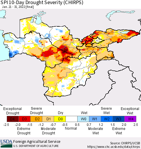 Central Asia SPI 10-Day Drought Severity (CHIRPS) Thematic Map For 1/21/2022 - 1/31/2022