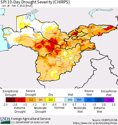Central Asia SPI 10-Day Drought Severity (CHIRPS) Thematic Map For 1/26/2022 - 2/5/2022