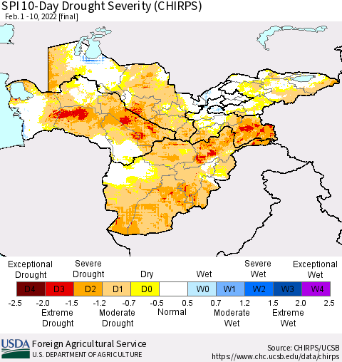 Central Asia SPI 10-Day Drought Severity (CHIRPS) Thematic Map For 2/1/2022 - 2/10/2022