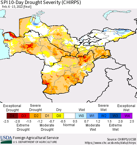 Central Asia SPI 10-Day Drought Severity (CHIRPS) Thematic Map For 2/6/2022 - 2/15/2022