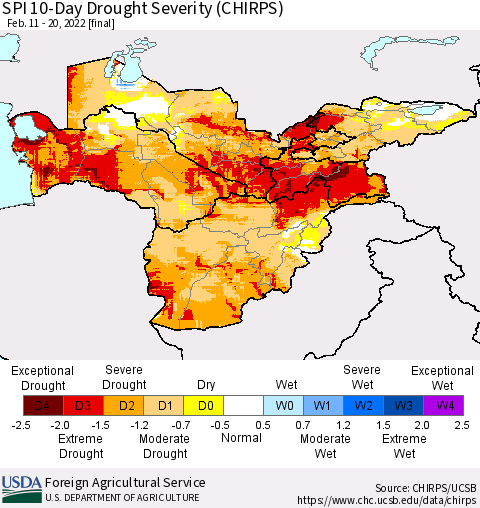Central Asia SPI 10-Day Drought Severity (CHIRPS) Thematic Map For 2/11/2022 - 2/20/2022