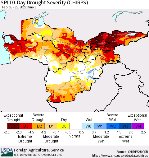Central Asia SPI 10-Day Drought Severity (CHIRPS) Thematic Map For 2/16/2022 - 2/25/2022