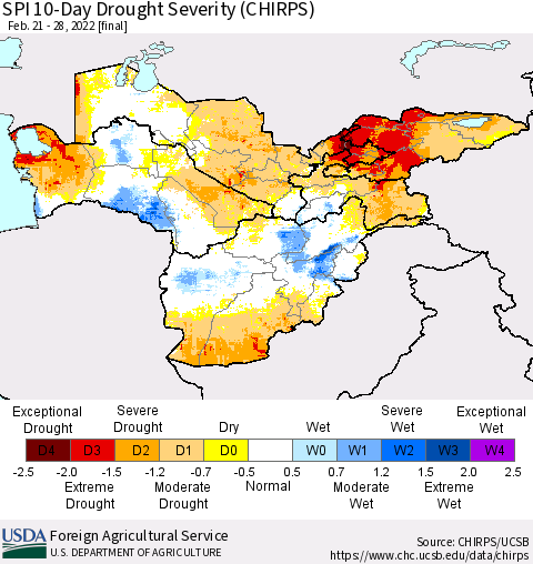 Central Asia SPI 10-Day Drought Severity (CHIRPS) Thematic Map For 2/21/2022 - 2/28/2022