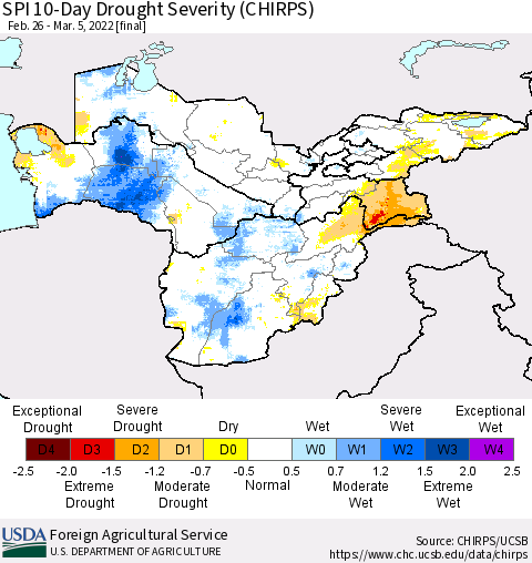 Central Asia SPI 10-Day Drought Severity (CHIRPS) Thematic Map For 2/26/2022 - 3/5/2022