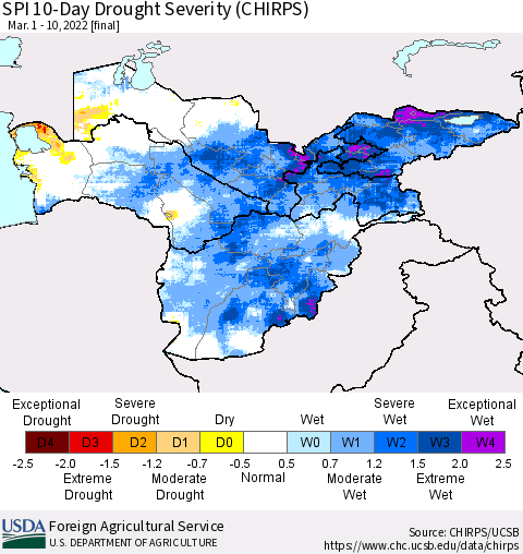 Central Asia SPI 10-Day Drought Severity (CHIRPS) Thematic Map For 3/1/2022 - 3/10/2022