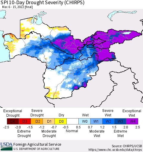 Central Asia SPI 10-Day Drought Severity (CHIRPS) Thematic Map For 3/6/2022 - 3/15/2022
