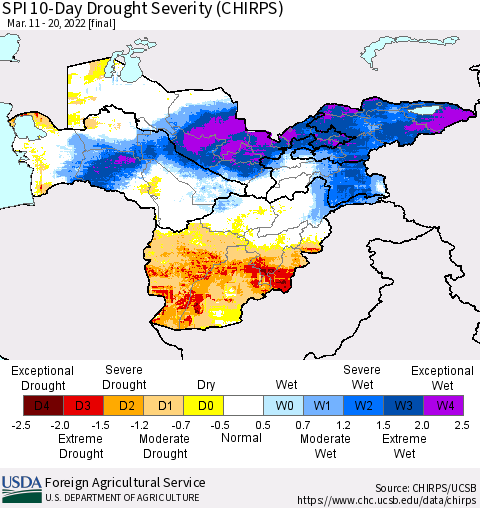 Central Asia SPI 10-Day Drought Severity (CHIRPS) Thematic Map For 3/11/2022 - 3/20/2022