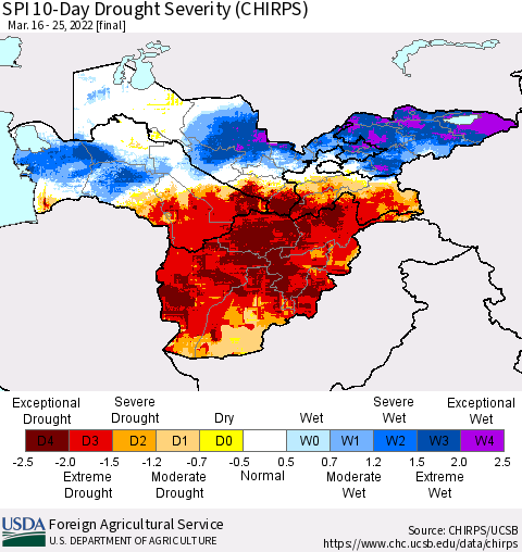 Central Asia SPI 10-Day Drought Severity (CHIRPS) Thematic Map For 3/16/2022 - 3/25/2022