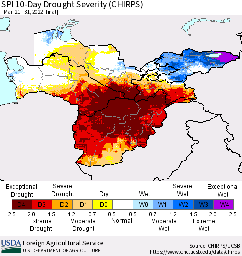 Central Asia SPI 10-Day Drought Severity (CHIRPS) Thematic Map For 3/21/2022 - 3/31/2022