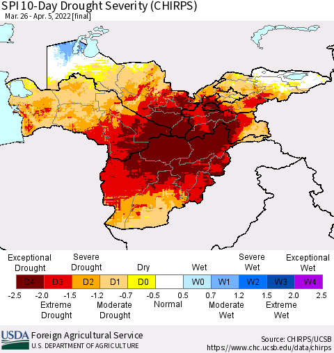 Central Asia SPI 10-Day Drought Severity (CHIRPS) Thematic Map For 3/26/2022 - 4/5/2022