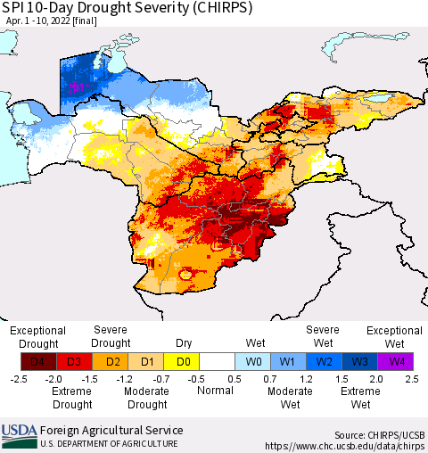 Central Asia SPI 10-Day Drought Severity (CHIRPS) Thematic Map For 4/1/2022 - 4/10/2022