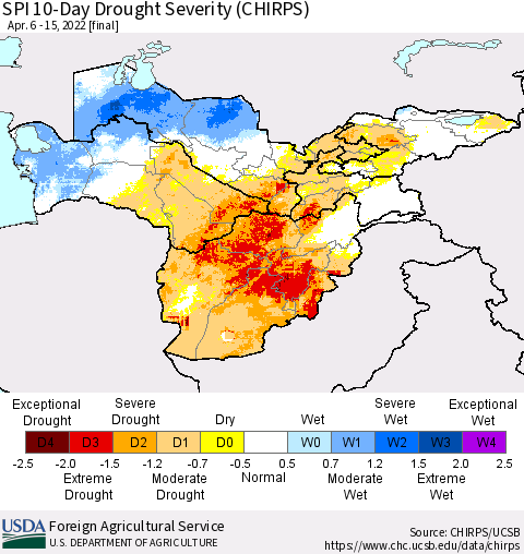Central Asia SPI 10-Day Drought Severity (CHIRPS) Thematic Map For 4/6/2022 - 4/15/2022