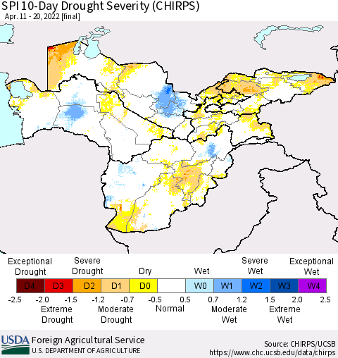 Central Asia SPI 10-Day Drought Severity (CHIRPS) Thematic Map For 4/11/2022 - 4/20/2022