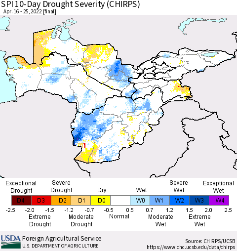 Central Asia SPI 10-Day Drought Severity (CHIRPS) Thematic Map For 4/16/2022 - 4/25/2022