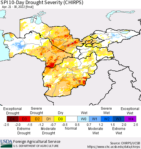 Central Asia SPI 10-Day Drought Severity (CHIRPS) Thematic Map For 4/21/2022 - 4/30/2022