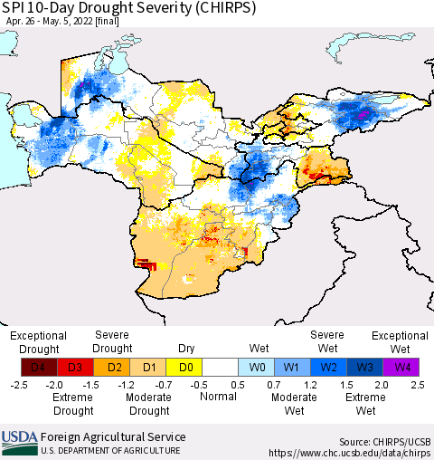 Central Asia SPI 10-Day Drought Severity (CHIRPS) Thematic Map For 4/26/2022 - 5/5/2022