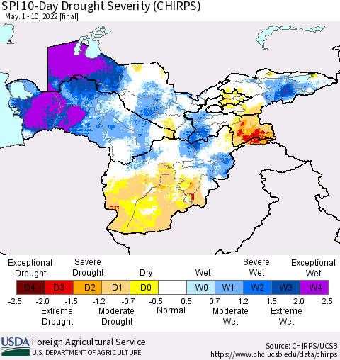 Central Asia SPI 10-Day Drought Severity (CHIRPS) Thematic Map For 5/1/2022 - 5/10/2022