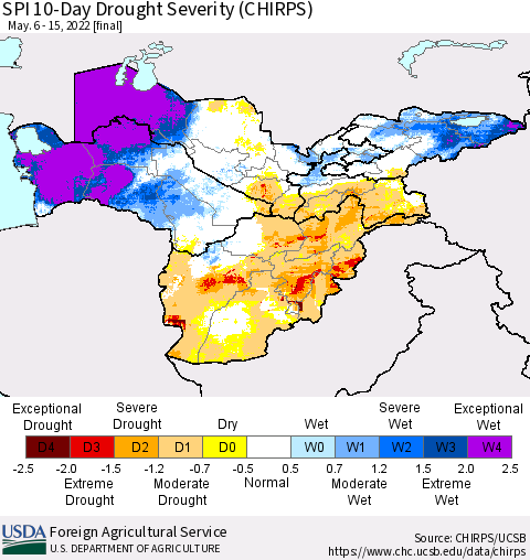 Central Asia SPI 10-Day Drought Severity (CHIRPS) Thematic Map For 5/6/2022 - 5/15/2022
