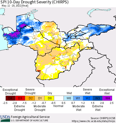 Central Asia SPI 10-Day Drought Severity (CHIRPS) Thematic Map For 5/11/2022 - 5/20/2022