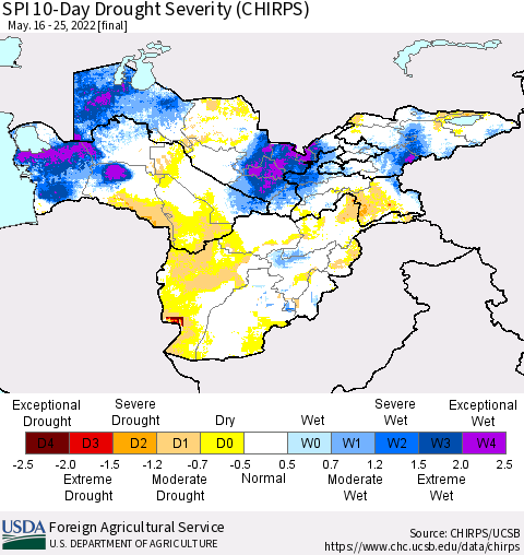 Central Asia SPI 10-Day Drought Severity (CHIRPS) Thematic Map For 5/16/2022 - 5/25/2022