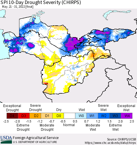 Central Asia SPI 10-Day Drought Severity (CHIRPS) Thematic Map For 5/21/2022 - 5/31/2022