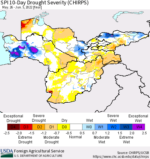 Central Asia SPI 10-Day Drought Severity (CHIRPS) Thematic Map For 5/26/2022 - 6/5/2022