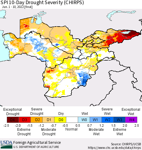 Central Asia SPI 10-Day Drought Severity (CHIRPS) Thematic Map For 6/1/2022 - 6/10/2022