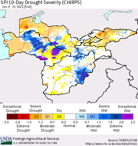 Central Asia SPI 10-Day Drought Severity (CHIRPS) Thematic Map For 6/6/2022 - 6/15/2022