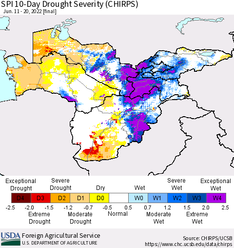 Central Asia SPI 10-Day Drought Severity (CHIRPS) Thematic Map For 6/11/2022 - 6/20/2022