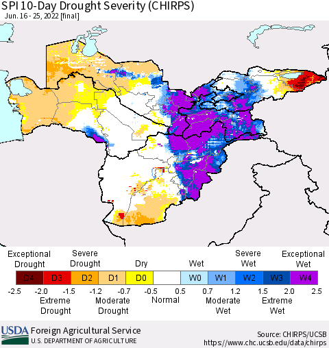 Central Asia SPI 10-Day Drought Severity (CHIRPS) Thematic Map For 6/16/2022 - 6/25/2022