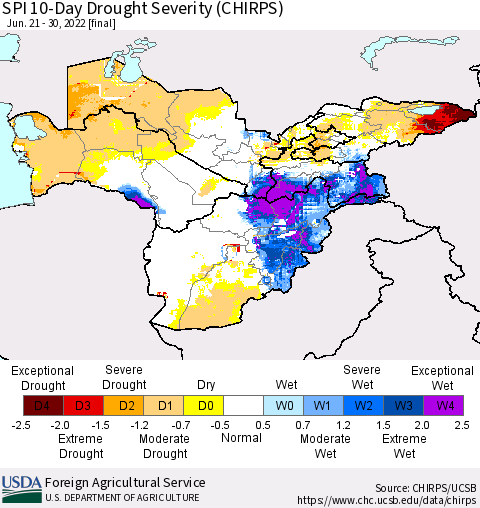 Central Asia SPI 10-Day Drought Severity (CHIRPS) Thematic Map For 6/21/2022 - 6/30/2022