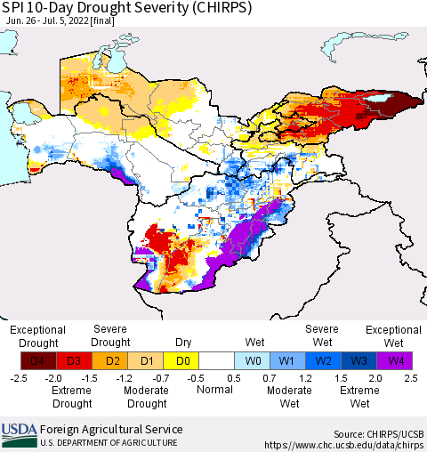 Central Asia SPI 10-Day Drought Severity (CHIRPS) Thematic Map For 6/26/2022 - 7/5/2022