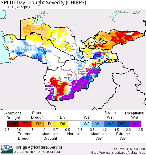 Central Asia SPI 10-Day Drought Severity (CHIRPS) Thematic Map For 7/1/2022 - 7/10/2022