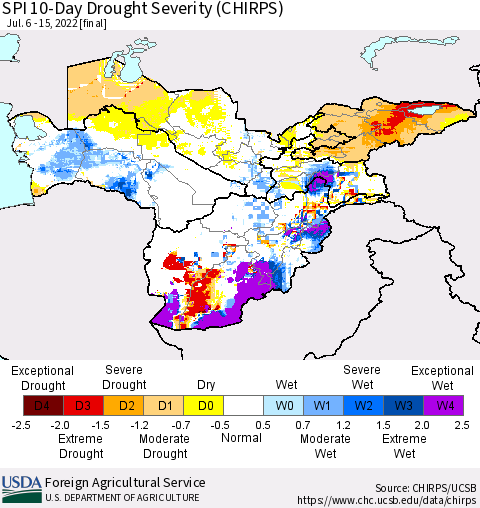 Central Asia SPI 10-Day Drought Severity (CHIRPS) Thematic Map For 7/6/2022 - 7/15/2022