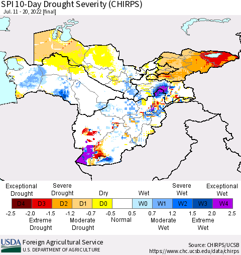 Central Asia SPI 10-Day Drought Severity (CHIRPS) Thematic Map For 7/11/2022 - 7/20/2022
