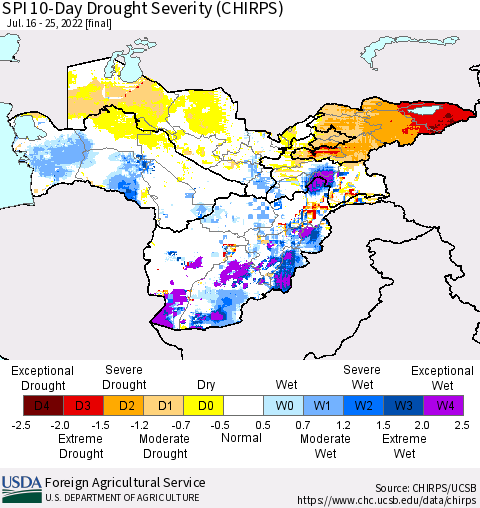 Central Asia SPI 10-Day Drought Severity (CHIRPS) Thematic Map For 7/16/2022 - 7/25/2022